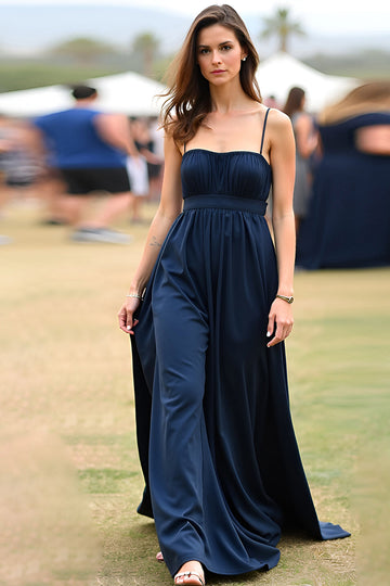 Navy Spaghetti Straps A-Line Long Wedding Guest Dress